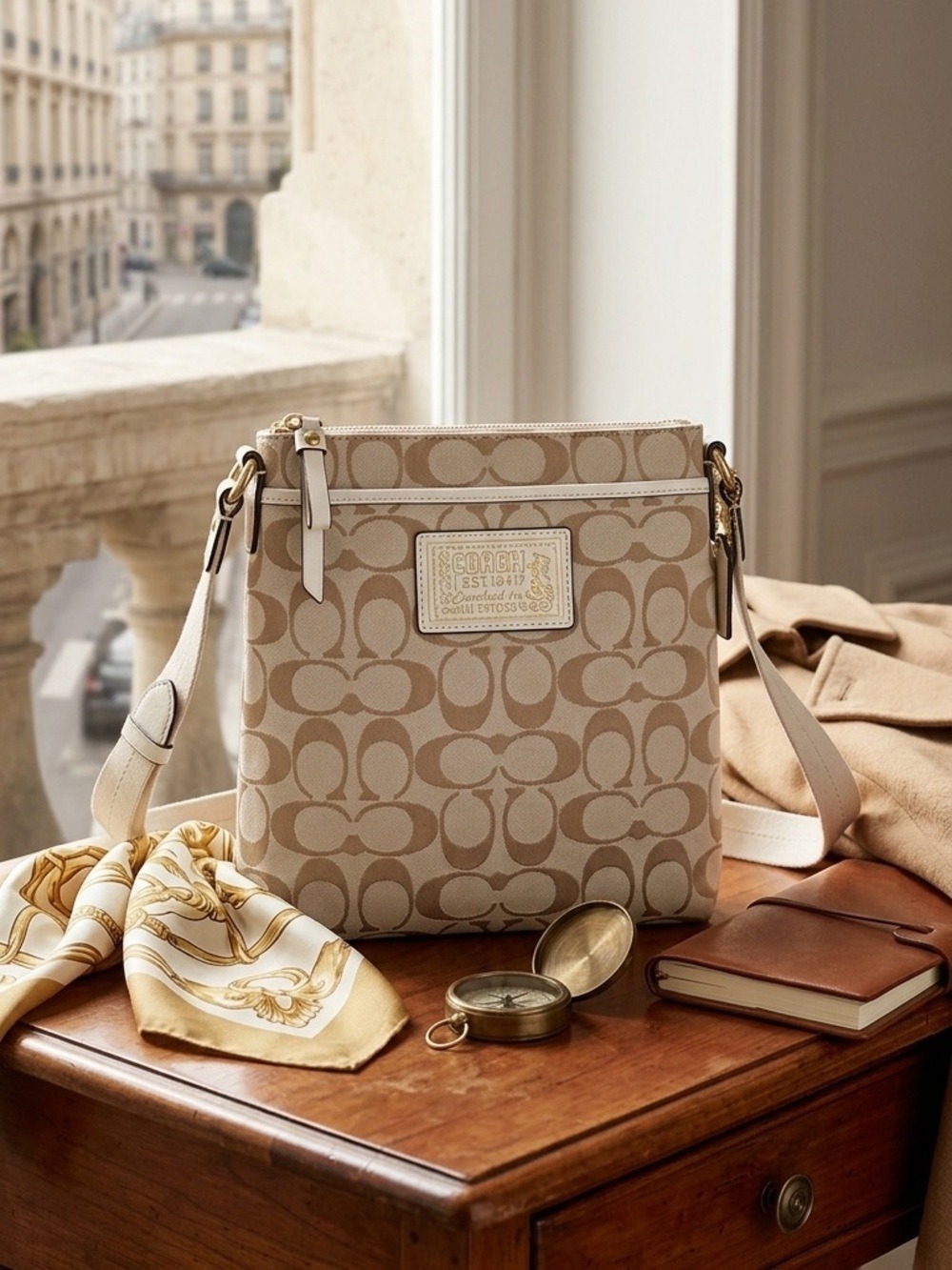 Vintage Coach Signature Canvas Crossbody Bag/Purse Monogram Print Cream & Gold